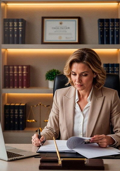 Profesjonalna kobieta w beżowym garniturze siedzi przy biurku i przegląda dokumenty. Półki z książkami i certyfikatem tworzą spokojną, skupioną scenę.